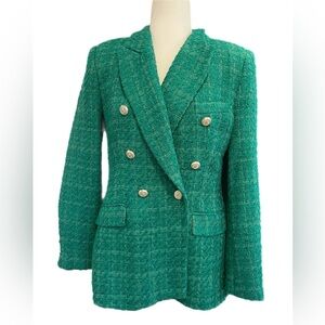 Zara Green Textured Double Breasted Blazer